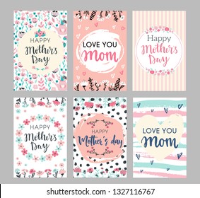 Set of Mothers day greeting cards. Collection of textured delicate Happy Mother's day greeting cards with flowers and wreaths