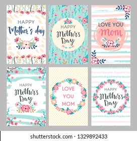 Set of Mothers day greeting cards. Collection of textured delicate Happy Mother's day greeting cards with flowers and wreaths