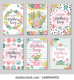 Set of Mothers day greeting cards. Collection of textured delicate Happy Mother's day greeting cards with flowers. Banner, poster, invitation greeting card templates with lovely spring flowers