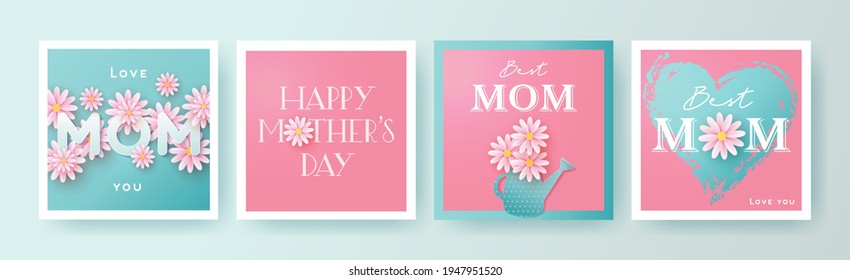 Set of Mother's Day greeting cards with paper cut flowers, hand drawn heart and typography. Mother Day holiday illustration for greeting banner, fashion ads, poster, flyer, social media, promotion