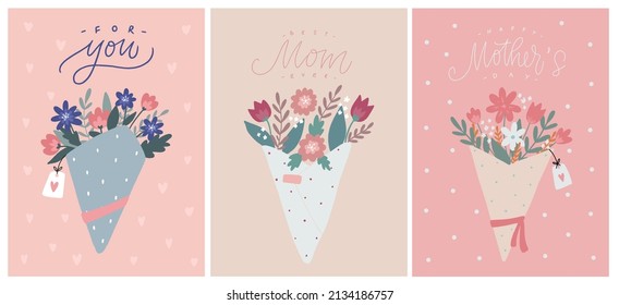 set of Mother's day greeting cards decorated with lettering quotes and bouquets of flowers. Good for posters, prints, invitations, banners, etc. EPS 10