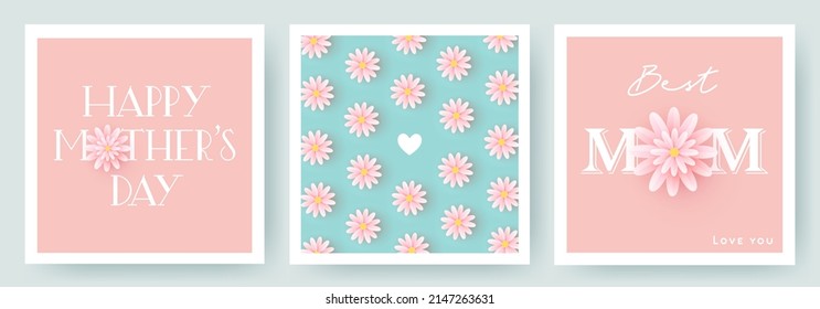 Set of Mother's Day greeting cards with paper cut flowers and typography. Mother Day holiday illustration for greeting banner, fashion ads, poster, flyer, social media, promotion