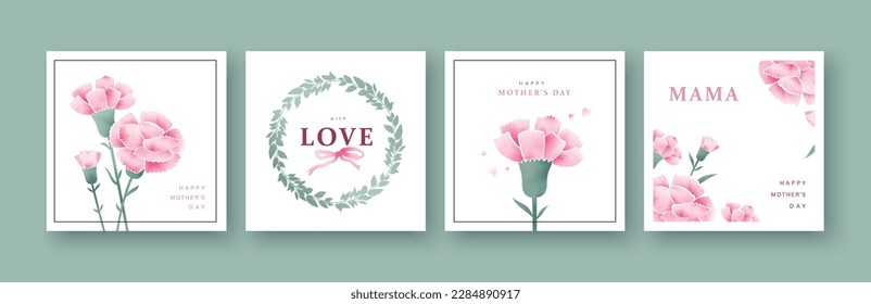 Set of Mother's day greeting cards with carnation flowers.