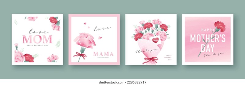 Set of Mother's day greeting cards with watercolor carnation flowers. - Shutterstock ID 2285322917