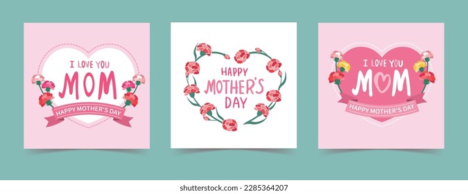 Set of mothers day greeting cards design with hearts and carnation flower decoration. Vector illustration.