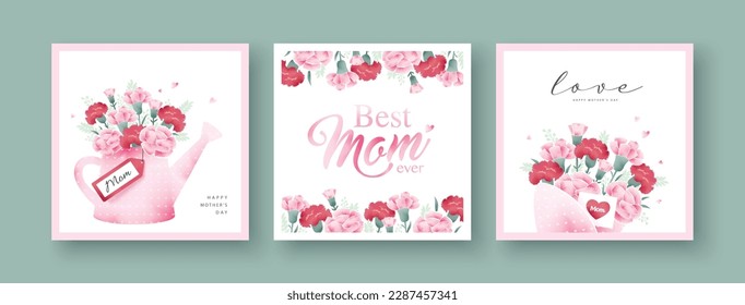 Set of Mother's day greeting cards with watercolor carnation flowers.