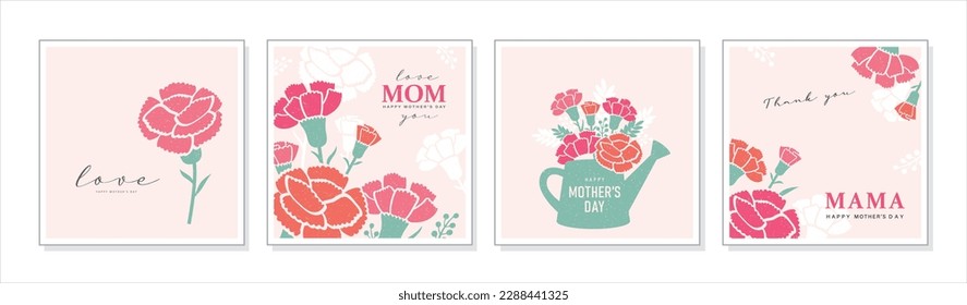 Set of Mother's day greeting cards with beautiful Carnation flowers.