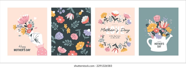 Set of Mother's day greeting cards with beautiful blossom flowers.