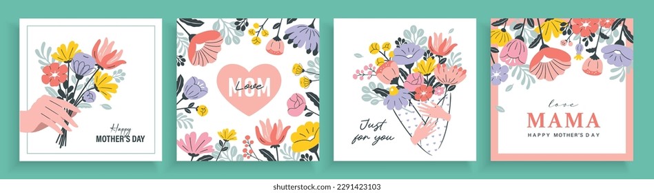 Set of Mother's day greeting cards with beautiful blossom flowers.