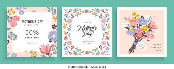 Set of Mother's day greeting cards, poster with beautiful blossom flowers.