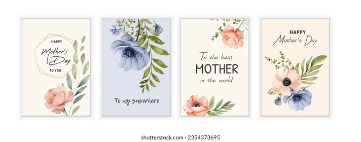 Set of Mother's day greeting cards with watercolor carnation flowers. Happy Mother's Day Calligraphy abstract art background vector. Luxury minimal style wallpaper with golden line art flower 