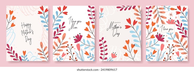 Set of Mother's day greeting cards with abstract flowers, floral frame and hearts. Collection beautiful floral backgrounds. Trendy design concept for template, banner, poster, flyer, label or cover. 