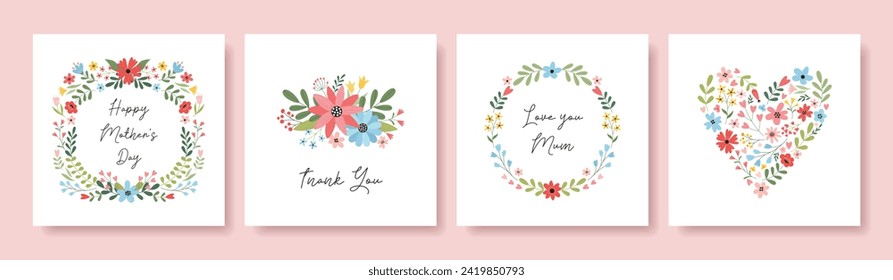 Set of Mother's Day greeting cards with beautiful flowers, floral frame, wreath, hearts. Mother's Day templates for poster, cover, banner, social media.