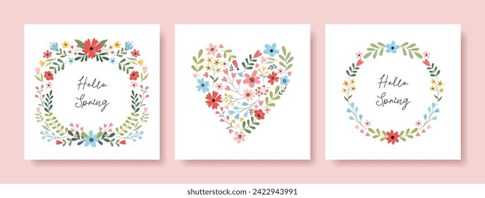 Juego de tarjetas de felicitación del Día de la Madre con hermosas flores, marco floral, corona, corazones. Plantillas del Día de la Madre para afiches, portadas, pancartas, medios sociales.