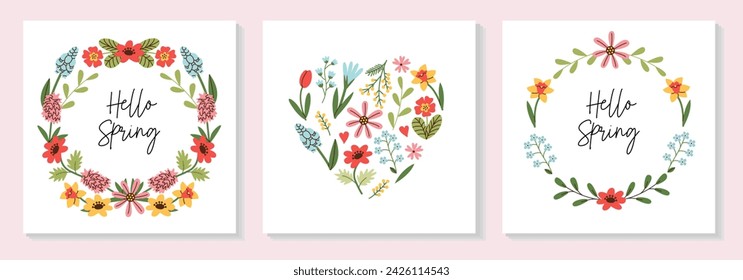 Set of Mothers Day greeting cards with beautiful flowers, floral frame, wreath, hearts. Mother's Day templates.