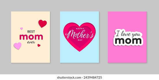 Set of Mother's Day greeting cards with red and pink hearts paper cut elements. Vector illustration