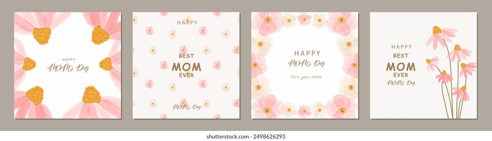 Set of Mother's Day greeting cards with floral decoration. Mother Day modern design for greeting banner, fashion ads, poster, sale, social media, promotion