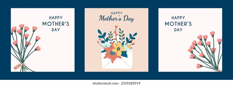 Set of Mother's Day greeting cards with beautiful blooming flowers and envelope on blue background.