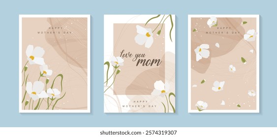 Set of Mother's day greeting cards with beautiful blossom flowers. spring set of the cutest cards or posters for the spring holiday with wildflowers for women day march 8, birthday and Mothers Day. 