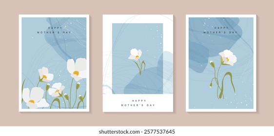 Set of Mother's day greeting cards with beautiful blossom flowers. spring set of the cutest cards or posters for the spring holiday with wildflowers for women day march 8, birthday and Mothers Day. 