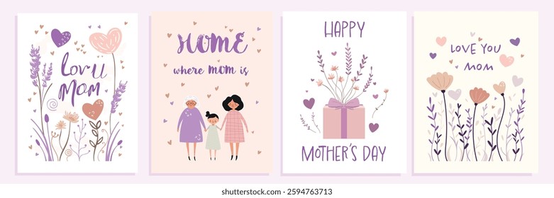 Set of Mother's Day greeting Cards with lavender flowers and hearts and sign Love you, Mom