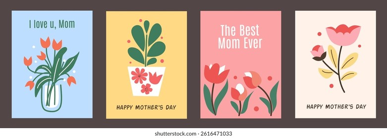 Set of Mother's day greeting cards with beautiful blossom flowers on colorful background. Creative cards with typography text.