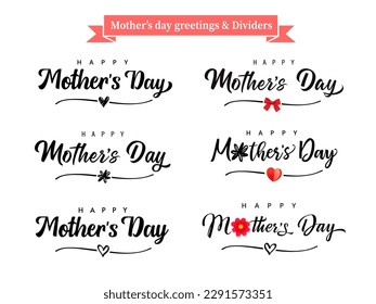 Set of Mothers Day Holiday greetings and dividers shape. Concept for Mother's Day with lettering and line divider shape heart, flower and bow. Vector illustration