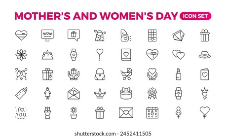 Set of Mother's Day icons. Thin linear style icons Pack. Vector Illustration.Set of outline mothers' day icons. Minimalist thin linear web icon set. vector illustration. Outline icon collection.