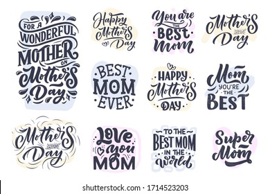 Set of Mother's day lettering and abstract shapes for gift card. Vintage Typography. Modern calligraphy banner template. Celebration quotes. Handwritten text postcard. Vector illustration