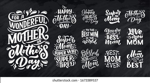 Set of Mother's day lettering for Gift card. Vintage Typography, great design for any purposes. Modern calligraphy template. Celebration quotes. Handwritten text postcard. Vector illustration