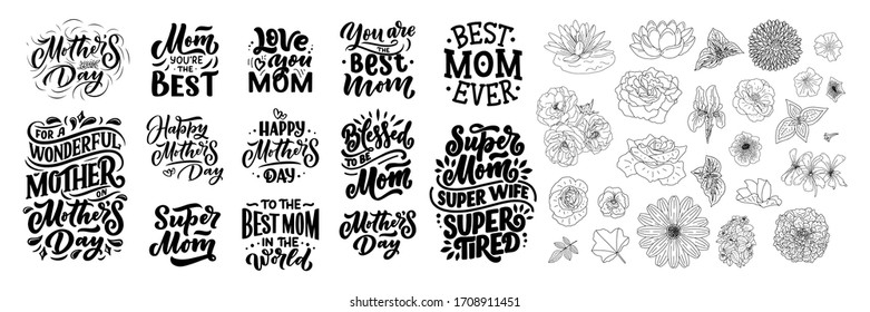 Set of Mother's day lettering and outline flowers for gift card. Vintage Typography. Modern calligraphy banner template. Celebration quotes. Handwritten text postcard. Vector illustration