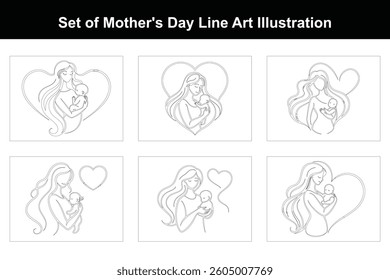 Set of Mother's Day Line Art Illustration