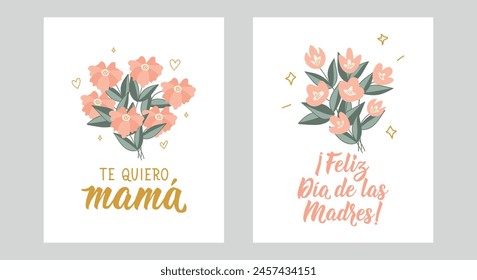 Set of Mother's day phrases in Spanish. Love you mom, Happy Mother's Day - in Spanish. Lettering. Ink illustration.