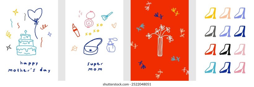 Conjunto de postales del día de la madre. Estilo de arte infantil ingenuo. Ilustración vectorial doodle. Carteles del Día de la Madre