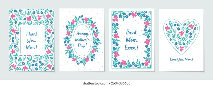 Set of Mother's Day postcards with floral design. Postcards collection with botanical decor. Flat vector templates
