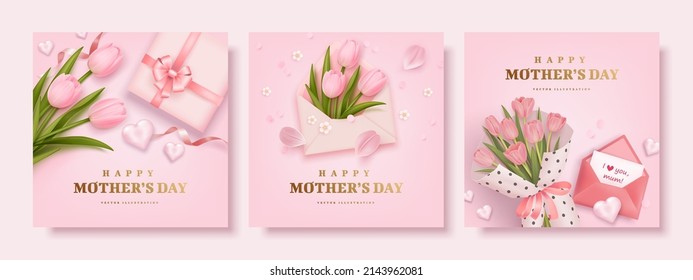 Set of Mother's day poster or banner with realistic tulips, sweet hearts, ribbons and pink gift box on pink background