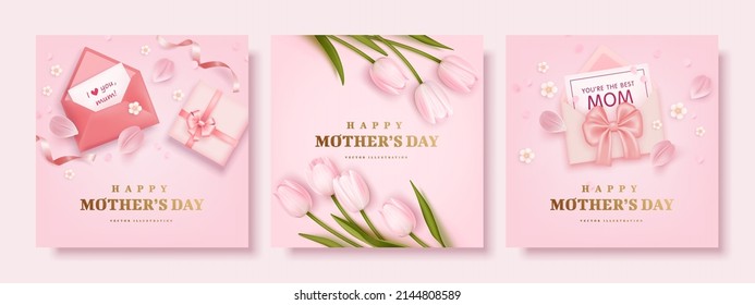 Set of Mother's day poster or banner with realistic tulips, sweet hearts, envelope and pink gift box on pink background