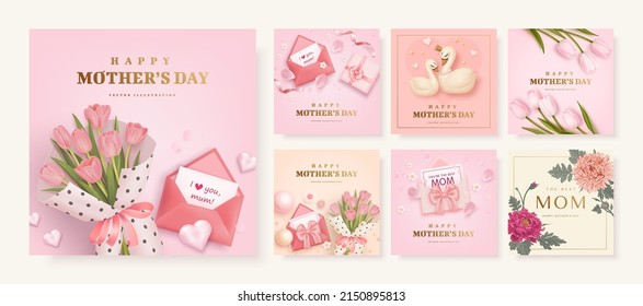 Set of Mother's day poster, banner or greeting card with realistic envelope, gift box, cartoon swan, tulips and hand drawn flowers isolated on background