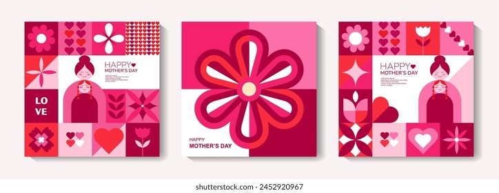 Set of Mother's Day poster, greeting card, banner, label, sale promotion template, cover in geometric style. Geometric print, pattern. Vector illustration.