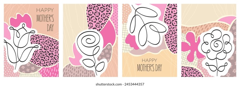 Set of Mothers Day posters. Beautiful floral Mothers Day greeting card templates. Textured ornamental backgrounds.