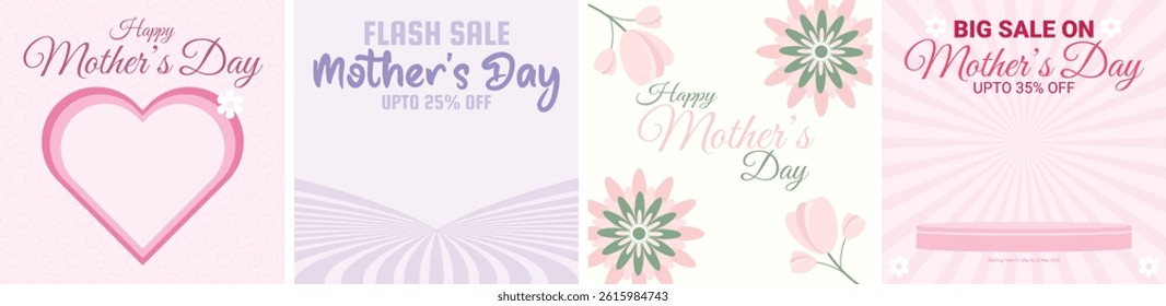 Set of Mother's Day Sale and Greeting Banners with Floral Designs, Hearts, Frames, Product Podium, Post Design for Discount Ads