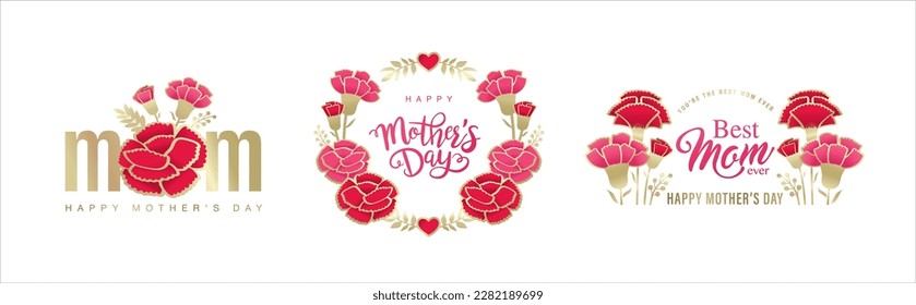 Set of Mother's day typography design with carnation flowers.