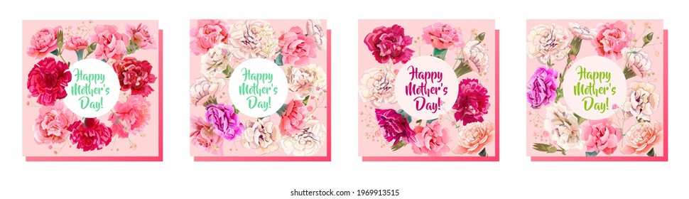 Set of Mother's Day, Victory Day cards with carnation: red, white, pink flowers, twigs, square, rectangular background. Templates for design, vintage botanical illustration in watercolor style, vector