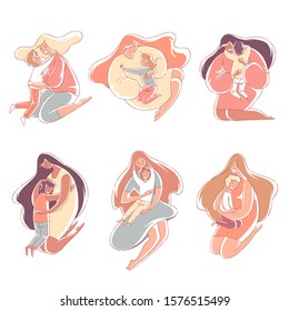 Set mothers hug children. Mother's love. Hand drawn style vector design illustrations.