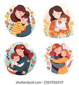 Conjunto de madres abrazando a sus hijas o hijos con antecedentes florales, ilustración vectorial de estilo plano. Tarjeta de felicitación del Día de la Madre.