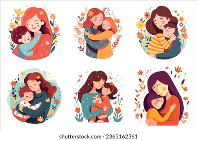 Set of mothers hugging their daughters or sons on floral backgrounds, flat style vector illustration. Happy Mother's Day greeting card.