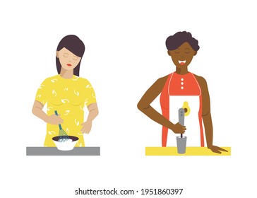Set mothers in kitchen. Flat women cooking Home salad dressing.The concept of cooking at home. Vector illustration isolated on white background.