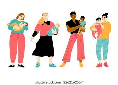 Set of mothers standing with their infant kids. Portraits of moms holding their children on hands. Vector flat illustration