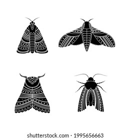 Set of moths in boho styles. Geometric tribal illustration in a simple style. 