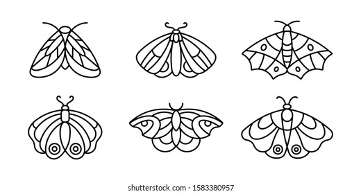 A set of Moths' and Butterfly icon Outlines in a minimalist style. Vector Linear Insect Logos for beauty salons, manicure, massage, Spa, tattoo